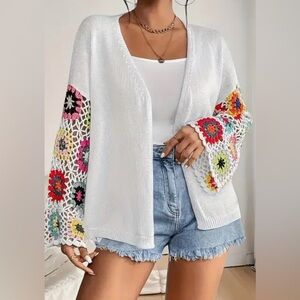 Boho White Open Front Cardigan Crochet Bell Sleeves Lightweight Sweater. Medium